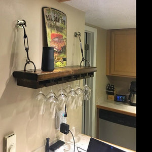 Reclaimed Wood Turnbuckle Shelf with Wine Glass Rack